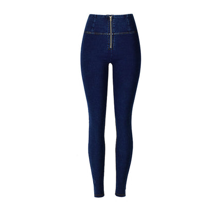 Skinny-Yoga-Jeans Mit Hohem Bund Und Reißverschluss – Dunkelblauer, Sportlicher Stil