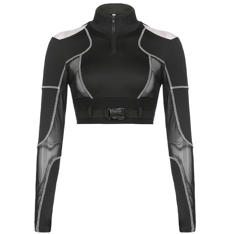 Biker-Crop-Top Mit Hohem Kragen, Reißverschluss, Langen Ärmeln, Cutout Und Mesh-Details - Schwarz