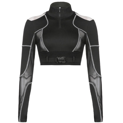 Biker-Crop-Top Mit Hohem Kragen, Reißverschluss, Langen Ärmeln, Cutout Und Mesh-Details - Schwarz