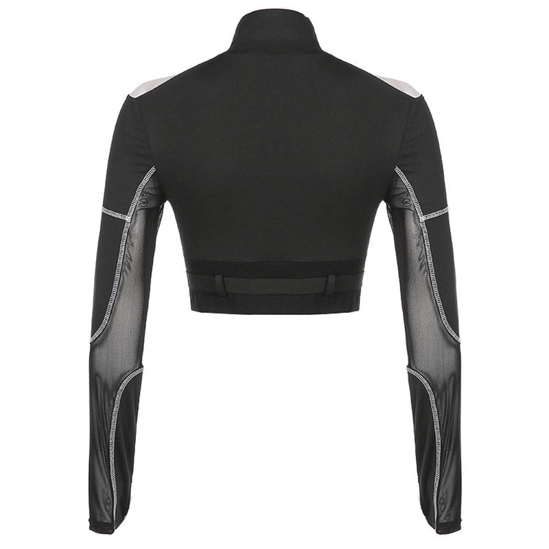 Biker-Crop-Top Mit Hohem Kragen, Reißverschluss, Langen Ärmeln, Cutout Und Mesh-Details - Schwarz