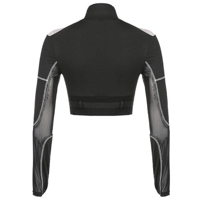 Biker-Crop-Top Mit Hohem Kragen, Reißverschluss, Langen Ärmeln, Cutout Und Mesh-Details - Schwarz