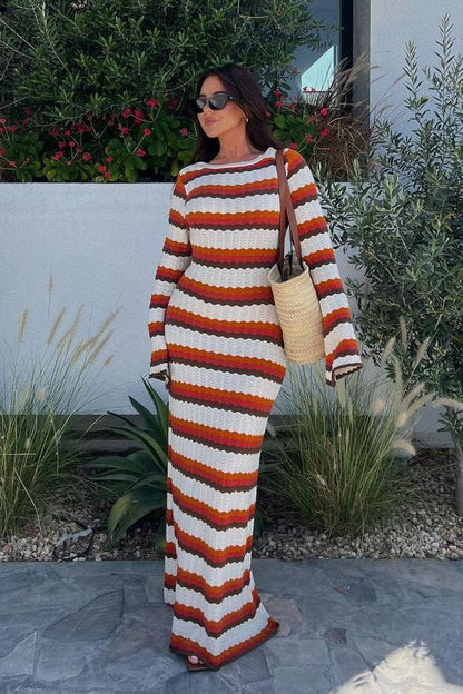 Rückenfreies Maxi-Strickkleid Mit Zickzack-Muster Und Kreuzmuster