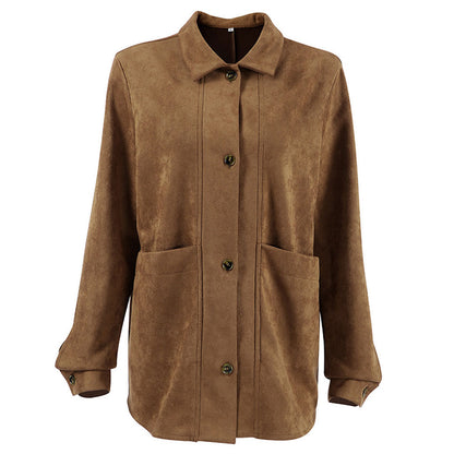 Bequemer Umschlagkragen, Langärmlige Button-Down-Jacke Aus Wildlederimitat Mit Cargotaschen