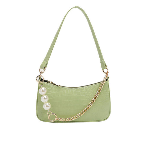 Schicke Baguette-Tasche Mit Perlendetails Und Dicker Kette Und Krokodilmuster - Salvia Green