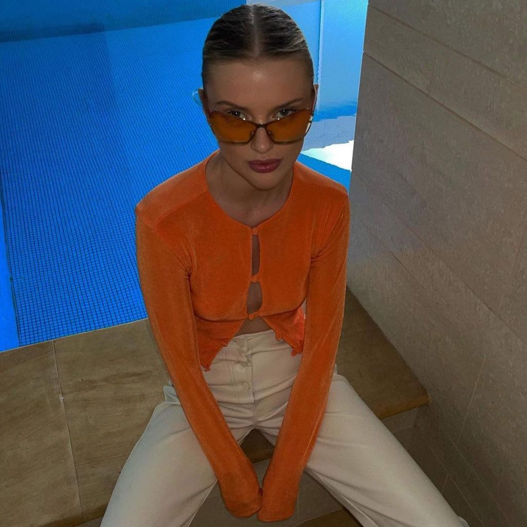 Stilvolle Rundhals-Bluse Mit Knöpfen Und Langen Ärmeln - Gebranntes Orange