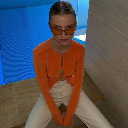 Stilvolle Rundhals-Bluse Mit Knöpfen Und Langen Ärmeln - Gebranntes Orange