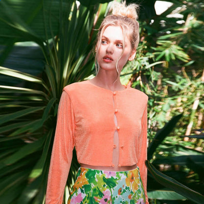 Stilvolle Rundhals-Bluse Mit Knöpfen Und Langen Ärmeln - Gebranntes Orange