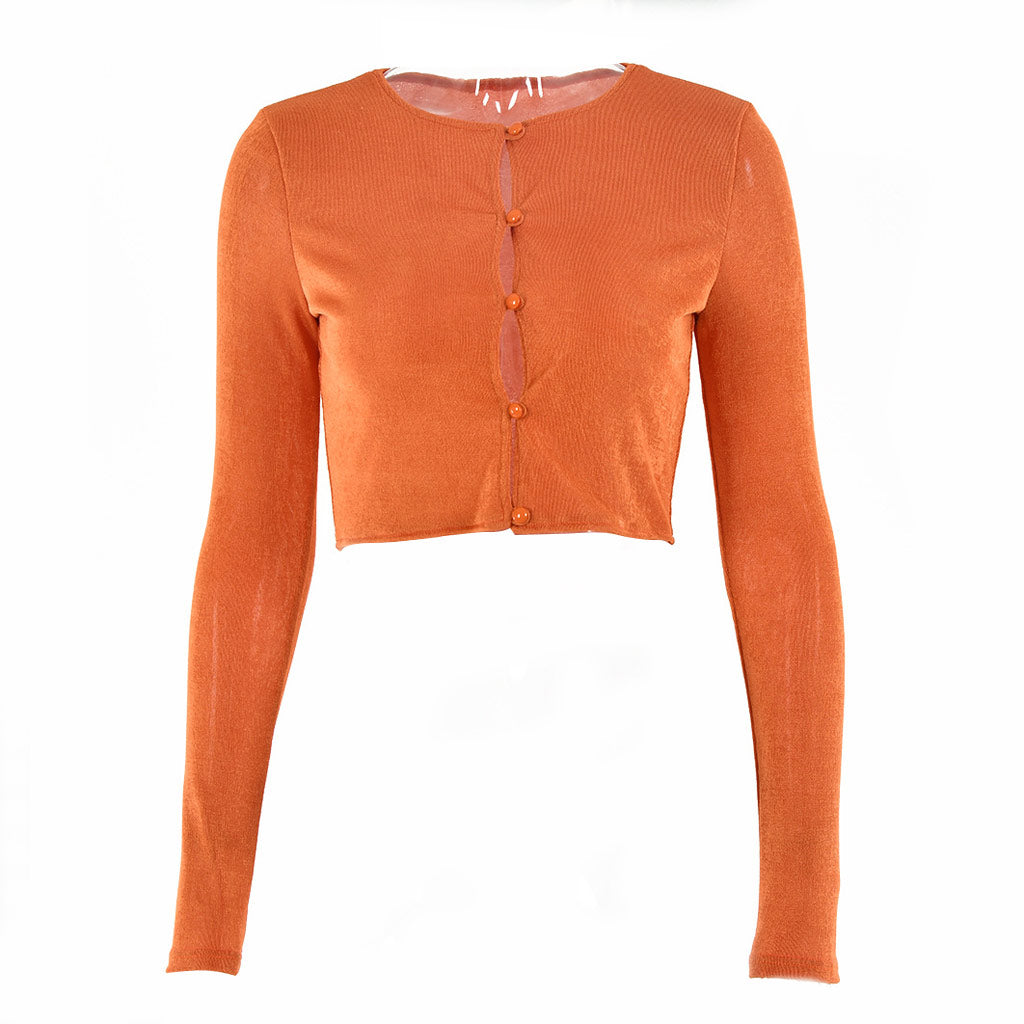 Stilvolle Rundhals-Bluse Mit Knöpfen Und Langen Ärmeln - Gebranntes Orange