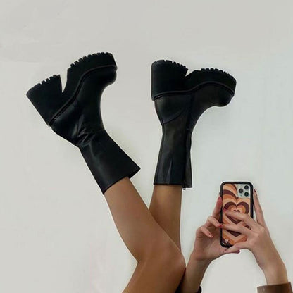Stilvolle Stiefel Mit Seitlichem Reißverschluss Und Blockabsatz Und Plateausohle - Schwarz