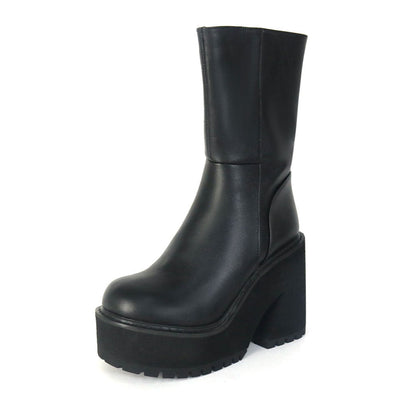 Stilvolle Stiefel Mit Seitlichem Reißverschluss Und Blockabsatz Und Plateausohle - Schwarz