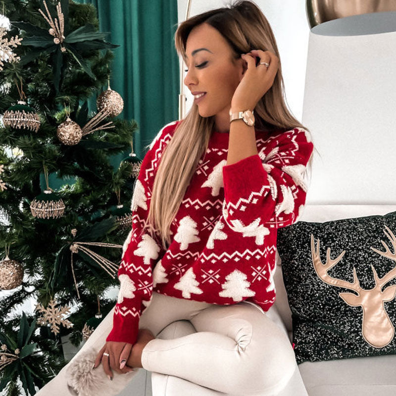Roter Oversize-Pullover Mit Jacquard-Weihnachtsbaummuster Und Langen Ärmeln – Rundhals