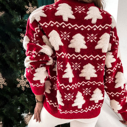 Roter Oversize-Pullover Mit Jacquard-Weihnachtsbaummuster Und Langen Ärmeln – Rundhals