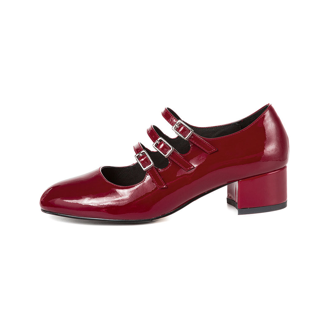 Burgunderrote Klassische Mary-Jane-Schuhe Aus Lackleder Mit Schnalle Und Blockabsatz
