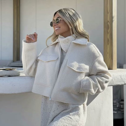 Bunte Cargo-Tasche Mit Reißverschluss Und Langen Ärmeln, Kurze Wolljacke – Klassisches Faltbares Modell