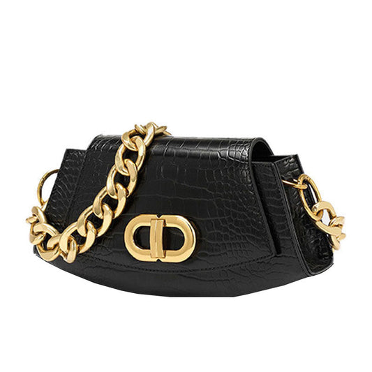 Klassische Schwarze Schultertasche Mit Dickem Kettenmuster Und Krokodilmuster - Goldfarben