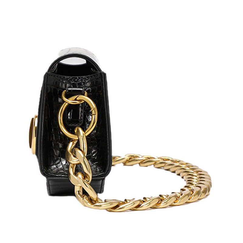 Klassische Schwarze Schultertasche Mit Dickem Kettenmuster Und Krokodilmuster - Goldfarben