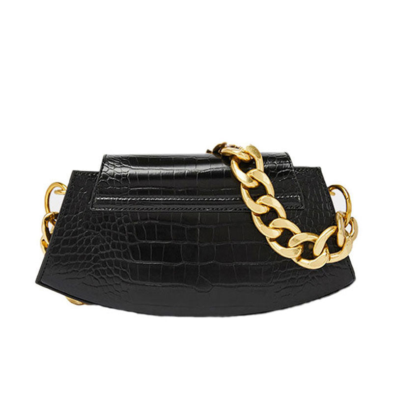 Klassische Schwarze Schultertasche Mit Dickem Kettenmuster Und Krokodilmuster - Goldfarben