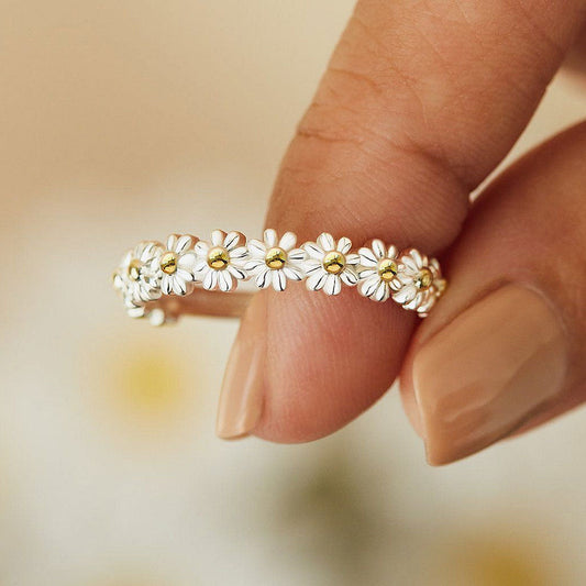 Zweifarbiger Daisy Chain Ring Mit Platte - Cottagecore Style Silber