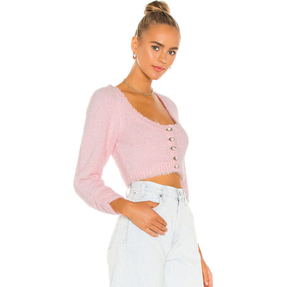 Süße Strickjacke Mit Puffkragen Und Kurzen Ärmeln - Rosa