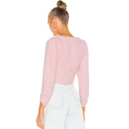 Süße Strickjacke Mit Puffkragen Und Kurzen Ärmeln - Rosa