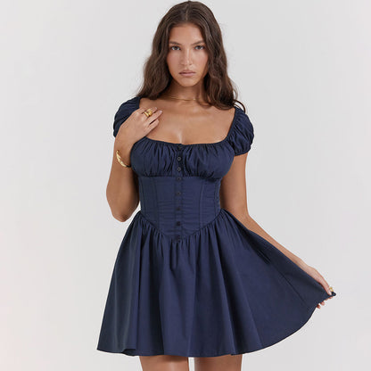 Süßes Minikleid Mit Rüschen Und Geknöpften Puffärmeln Und Niedriger Taille - Marineblau