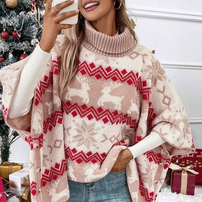 Süßer, Hochgeschlossener, Übergroßer Weihnachtsponcho-Pullover – Rote Badeanzug-Ärmel