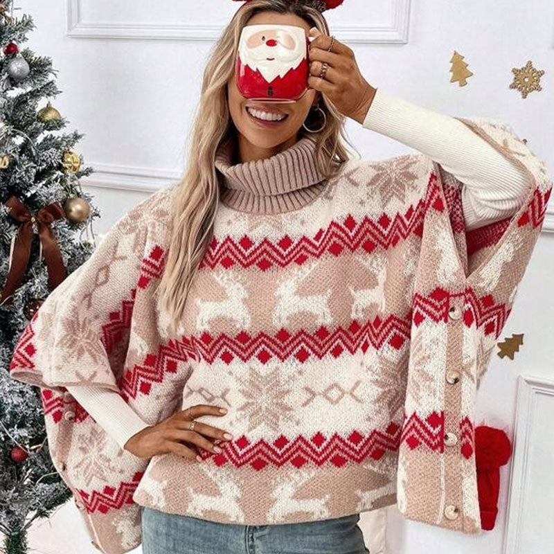 Süßer, Hochgeschlossener, Übergroßer Weihnachtsponcho-Pullover – Rote Badeanzug-Ärmel