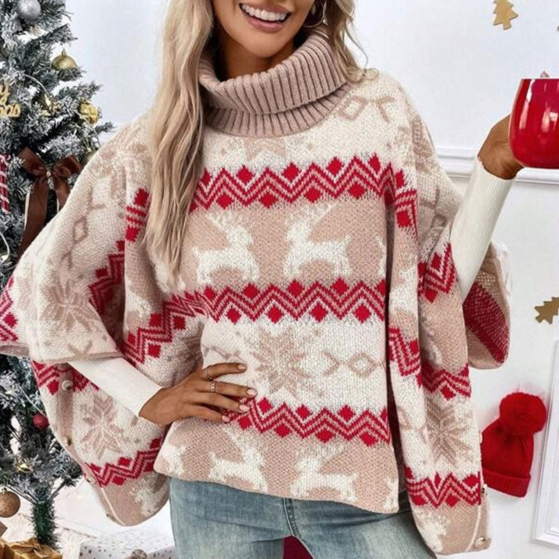 Süßer, Hochgeschlossener, Übergroßer Weihnachtsponcho-Pullover – Rote Badeanzug-Ärmel