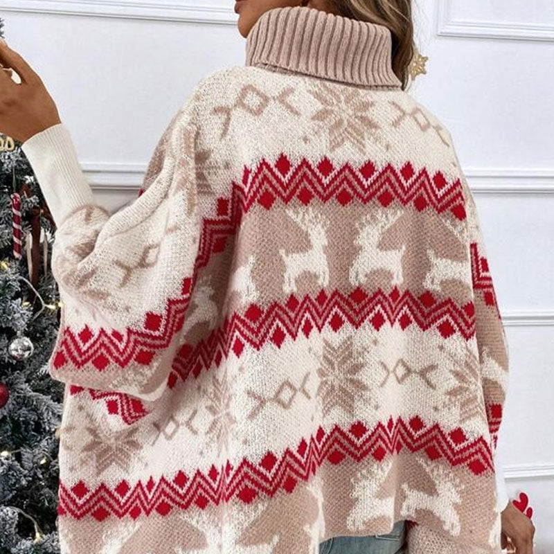 Süßer, Hochgeschlossener, Übergroßer Weihnachtsponcho-Pullover – Rote Badeanzug-Ärmel
