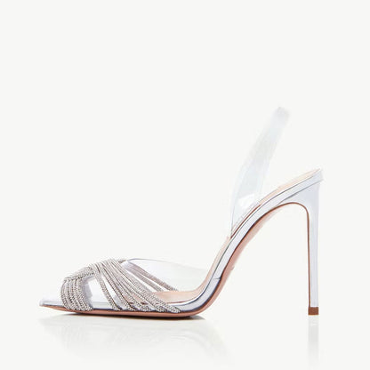 Glänzende, Kristallbesetzte, Silberne Pvc-High Heels