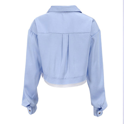 Crop Top Mit Ausgefranstem Detail Und Geknöpftem Langarmkragen - Blau