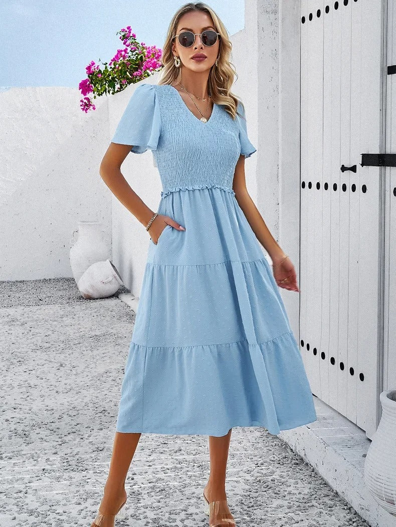 Elegantes Gemustertes Midikleid Mit V-Ausschnitt