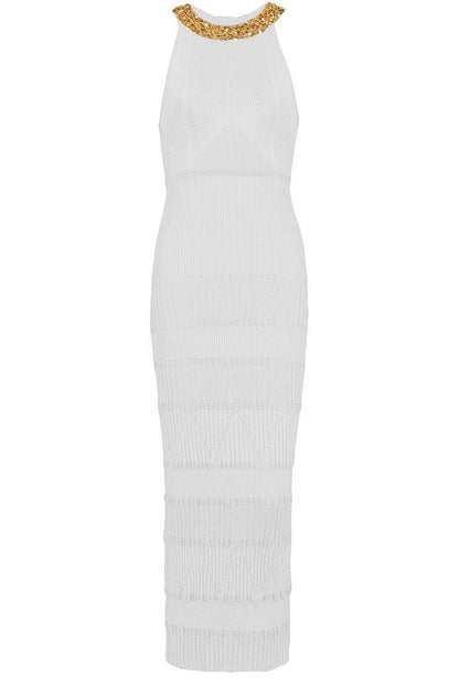 Besticktes Midi-Strickkleid Mit Hohem Kragen