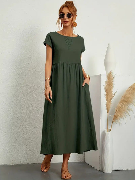 Kurzärmliges Midikleid Mit Taschen