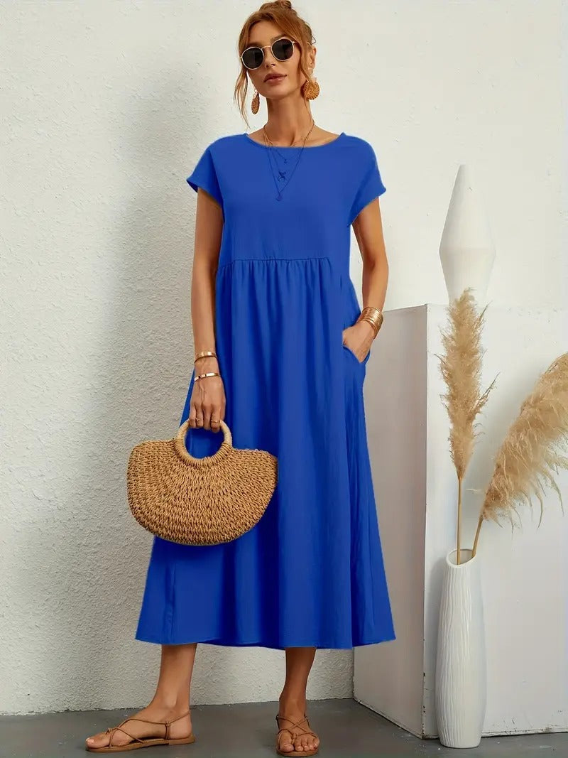 Kurzärmliges Midikleid Mit Taschen