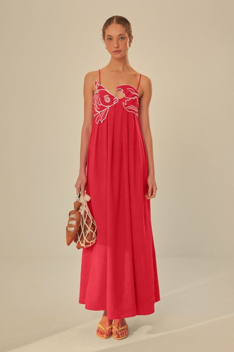 Maxikleid Mit Goldfisch-Stickerei