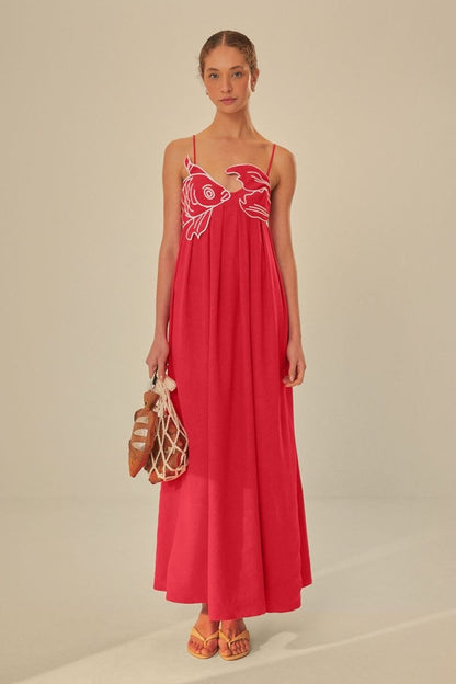 Maxikleid Mit Goldfisch-Stickerei
