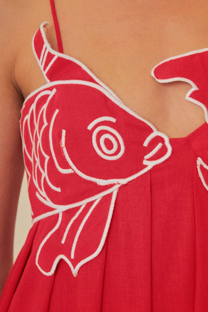 Maxikleid Mit Goldfisch-Stickerei