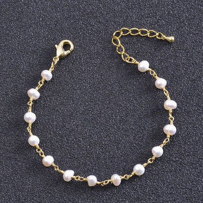 Elegantes Plattiertes Kettenarmband Mit Perlen - Gold