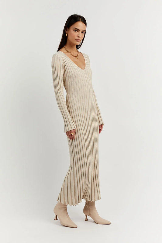 Elegantes Langarm-Midikleid Mit V-Ausschnitt