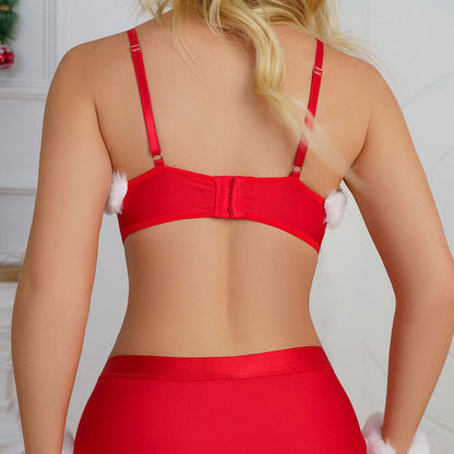 Rotes Weihnachts-Bh-Set Mit Geprägtem Kragen Und Gürteldetail