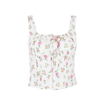 Rosafarbenes Riemchen-Bustier Mit Blumenmuster – Frisch Geschnürter, Quadratischer Ausschnitt Und Rüschendetail