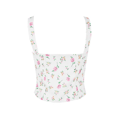 Rosafarbenes Riemchen-Bustier Mit Blumenmuster – Frisch Geschnürter, Quadratischer Ausschnitt Und Rüschendetail