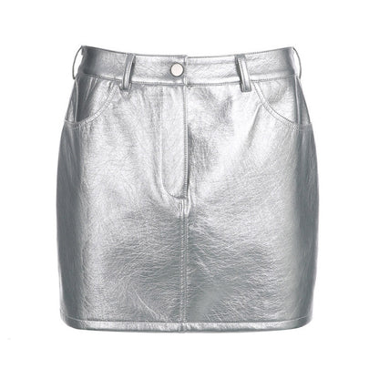 Futuristischer Metallic-Minirock Mit Hohem Bund Und Einem Knopf - Silber