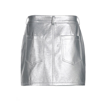 Futuristischer Metallic-Minirock Mit Hohem Bund Und Einem Knopf - Silber