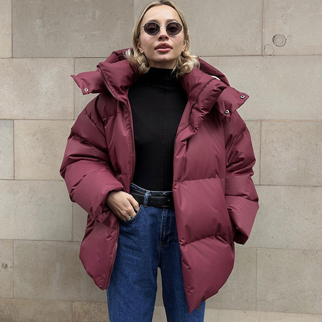 Moderner Oversize-Winter-Puffermantel Mit Zweiwege-Kapuze Und Hohem Kragen