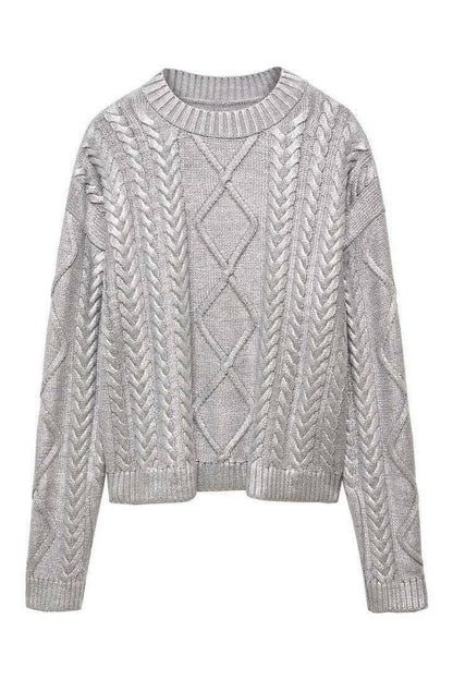 Zopfmusterpullover Mit Metallicfolienstruktur