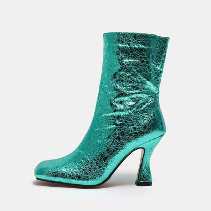 Stiefel Mit Hohem Absatz Und Glänzendem Metallic-Futter Und Quadratischer Zehenpartie - Türkis