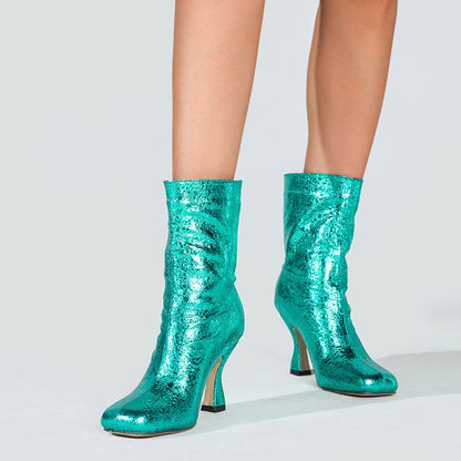 Stiefel Mit Hohem Absatz Und Glänzendem Metallic-Futter Und Quadratischer Zehenpartie - Türkis