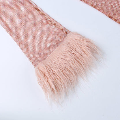 Glänzendes Lurex-Party-Minikleid Mit Rundhalsausschnitt Und Transparentem Netzstoff Und Langen Ärmeln Aus Kunstpelz - Rosa